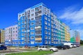 Blue new multistoried building on a background of blue sky in Kaliningrad Royalty Free Stock Photo